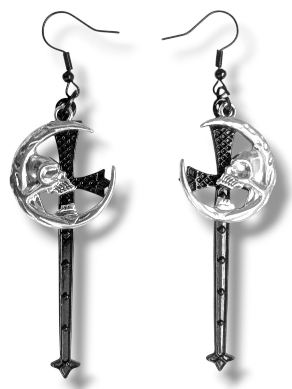 NWT Handmade Long Black Sword Silver Crescent Moon Skull Earrings